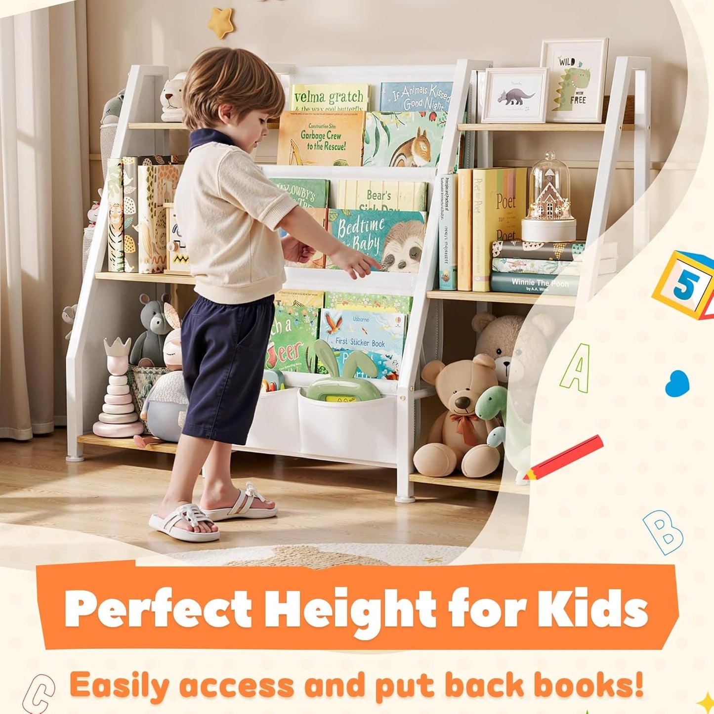 Kids Bookshelf and Toy Organizer: 3-Tier Book Shelf for Kids Room, Sling Book Shelf Toddler Montessori Bookcase with Toy Storage for Nursery, Bedroom, Playroom (Burlywood)-2