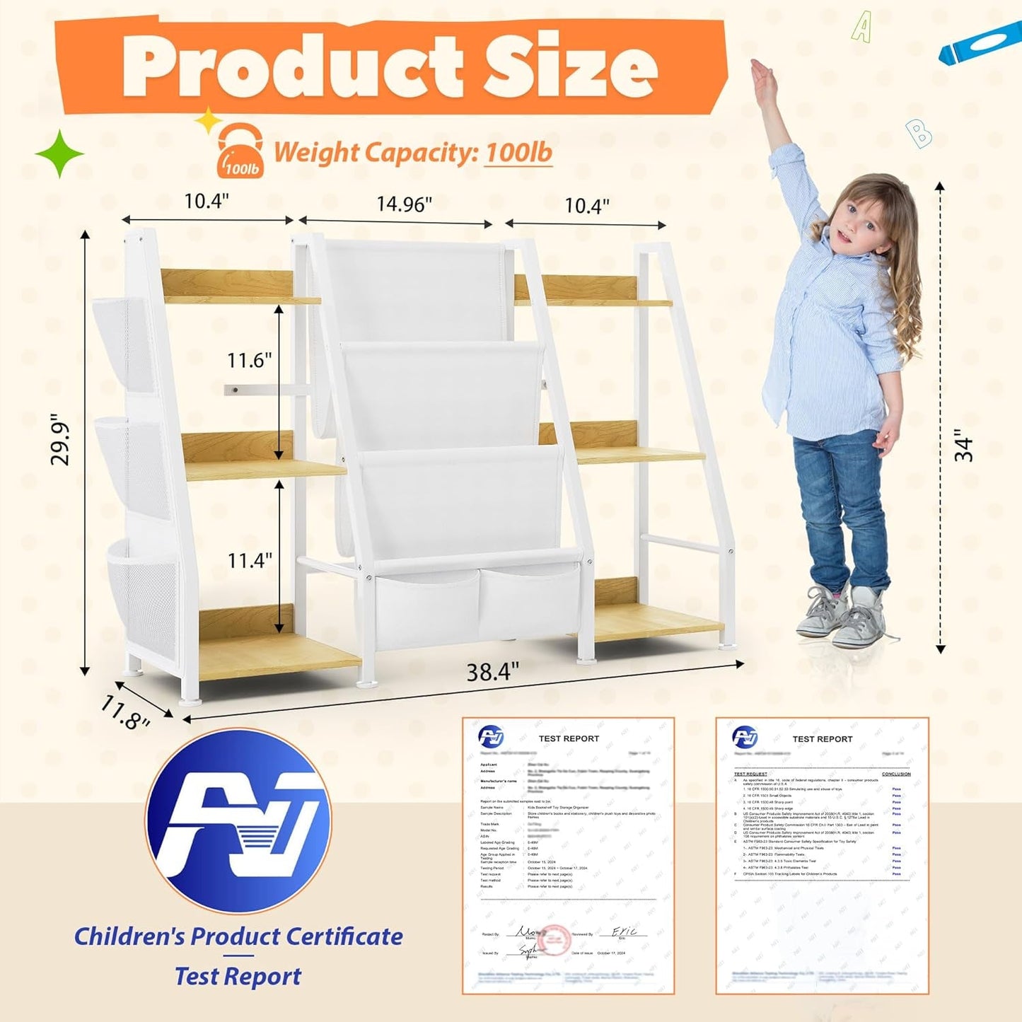 Kids Bookshelf and Toy Organizer: 3-Tier Book Shelf for Kids Room, Sling Book Shelf Toddler Montessori Bookcase with Toy Storage for Nursery, Bedroom, Playroom (Burlywood)-1