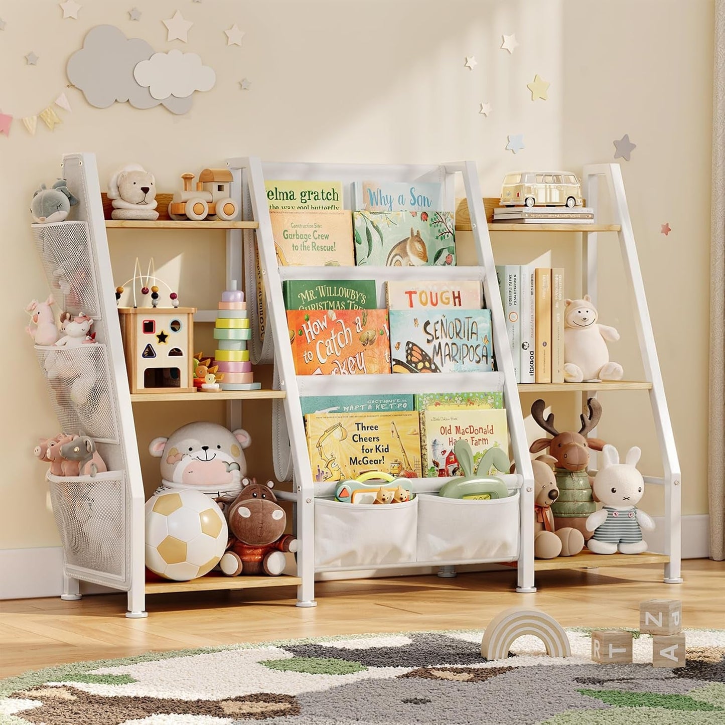 Kids Bookshelf and Toy Organizer: 3-Tier Book Shelf for Kids Room, Sling Book Shelf Toddler Montessori Bookcase with Toy Storage for Nursery, Bedroom, Playroom (Burlywood)-0