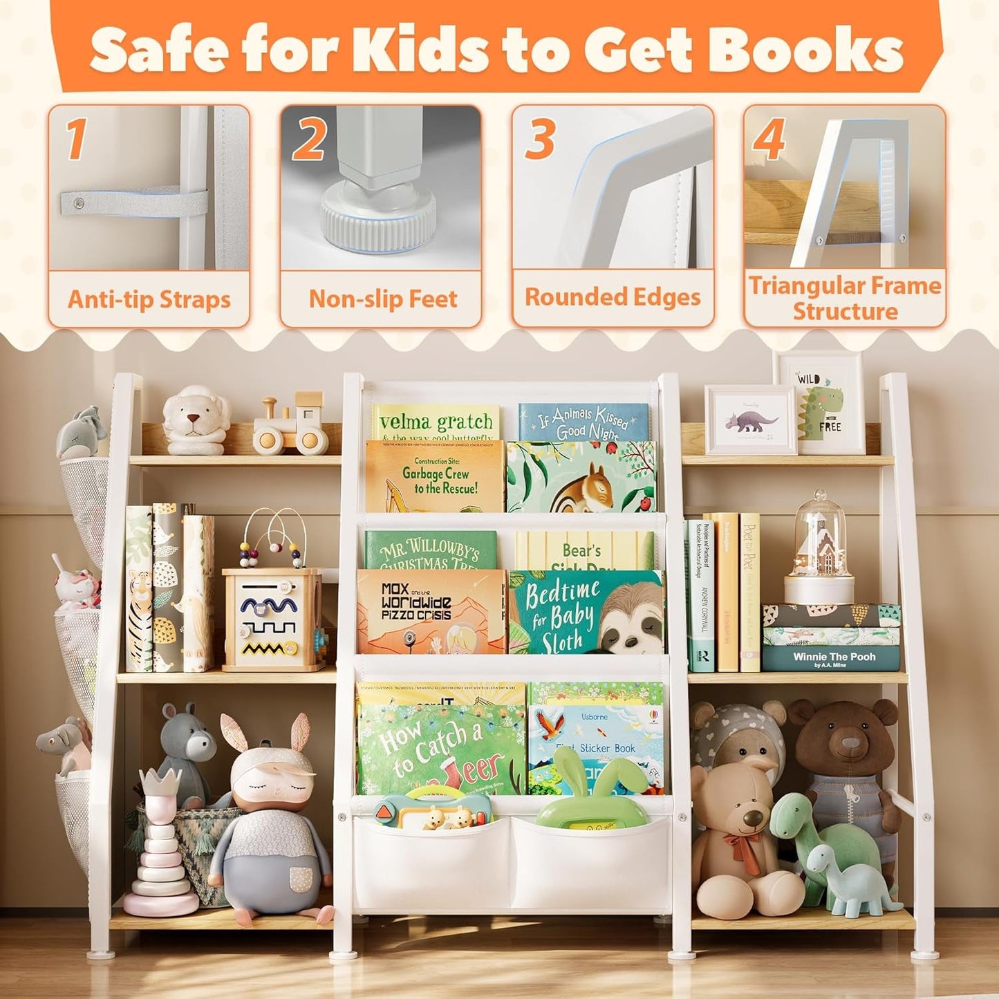 Kids Bookshelf and Toy Organizer: 3-Tier Book Shelf for Kids Room, Sling Book Shelf Toddler Montessori Bookcase with Toy Storage for Nursery, Bedroom, Playroom (Burlywood)-4