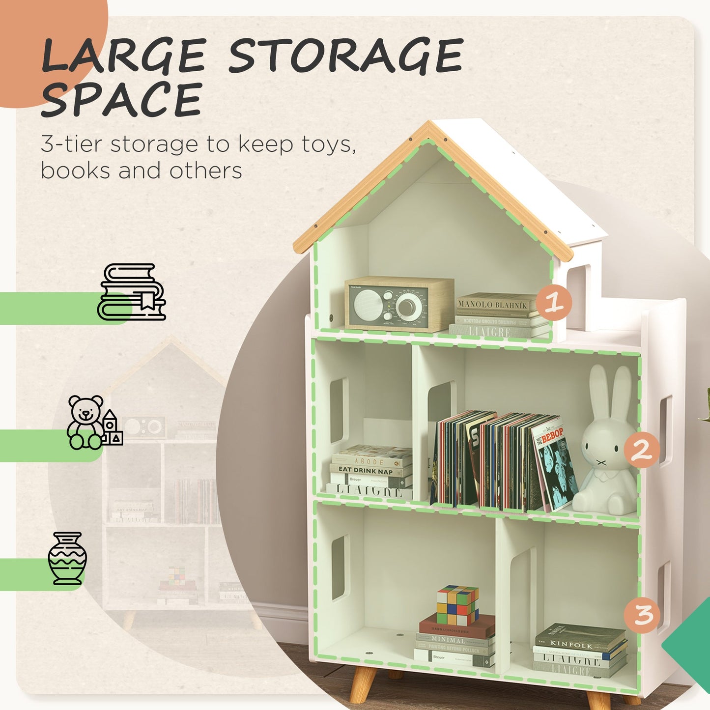 3 Tier Toy Storage Shelf With 6 Cubby Organisers White-3