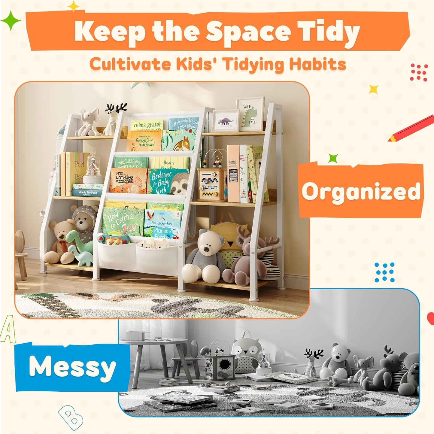 Kids Bookshelf and Toy Organizer: 3-Tier Book Shelf for Kids Room, Sling Book Shelf Toddler Montessori Bookcase with Toy Storage for Nursery, Bedroom, Playroom (Burlywood)-3