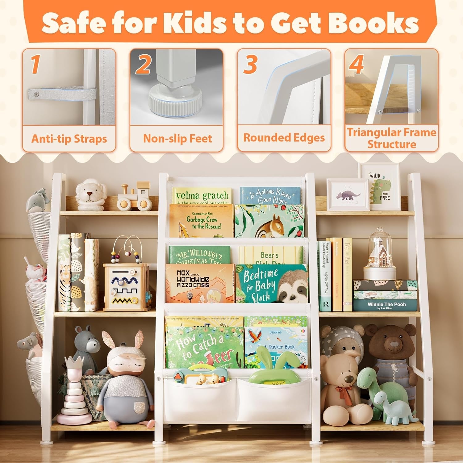 Kids Bookshelf and Toy Organizer: 3-Tier Book Shelf for Kids Room, Sling Book Shelf Toddler Montessori Bookcase with Toy Storage for Nursery, Bedroom, Playroom (Burlywood)-4