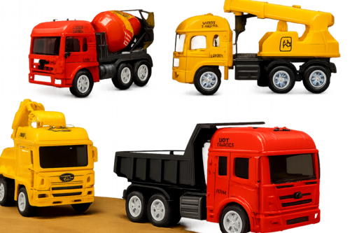 4-Piece Construction Vehicle Toy Set – Cement Mixer, Crane, Utility & Dump Truck